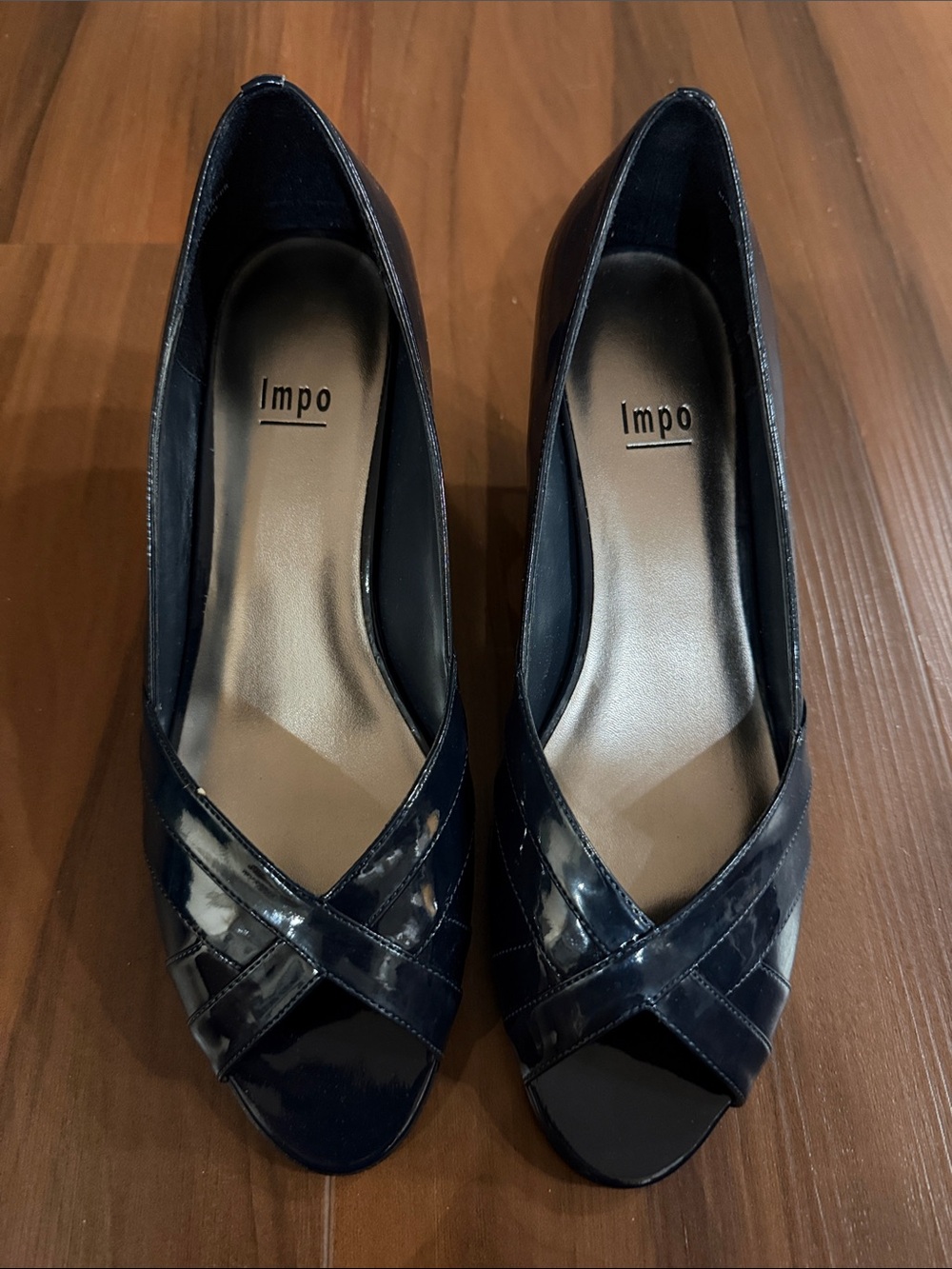 Impo Navy Patent Open-Toe Pumps